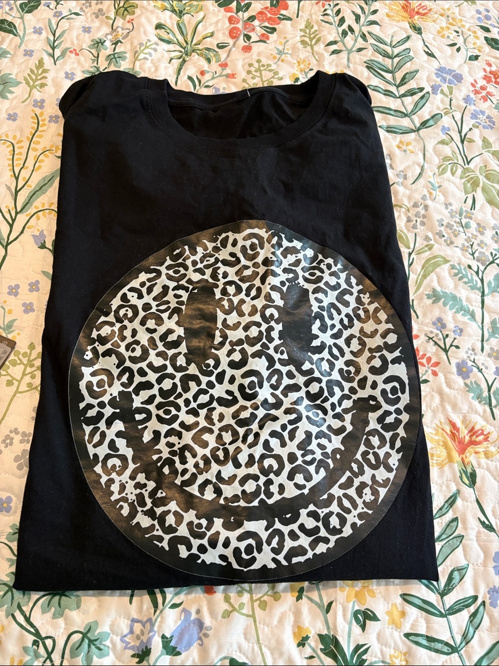 Black Short Sleeve Tee with Leopard Smiley Graphic